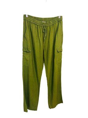 Love Tree Womens Olive Green Linen-Blend Cargo Wide Leg Pants L Lagenlook Artsy